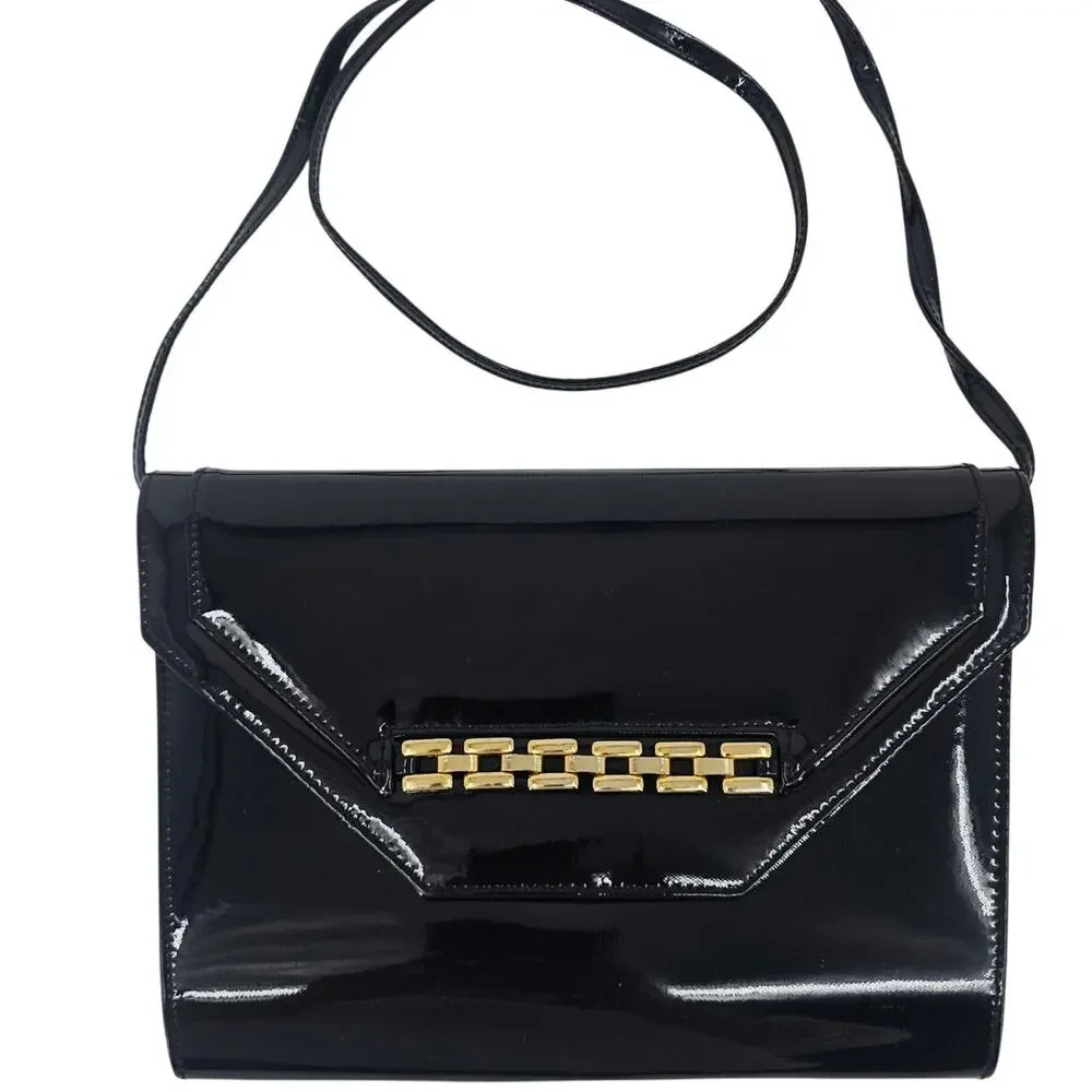 1960s Mod Style Clutch Cocktail Glamour Black Patent Clutch Purse Evening Bag